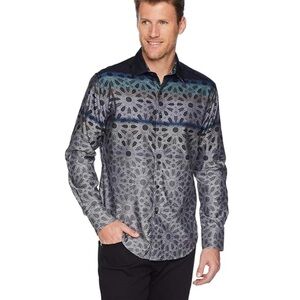 Robert Graham Long Sleeve Button Down Dress Shirt in Blue and Gray Floral Ombre